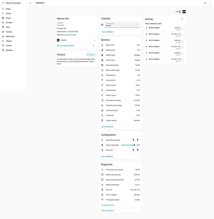 Die Integration in Home Assistant liefert umfangreiche Telemetrie und Moduswechsel funktionieren bereits lokal. Für eine vollständige Home-Assistant-/HEMS-Regelung muss die Leistungssteuerung noch zuverlässiger werden.