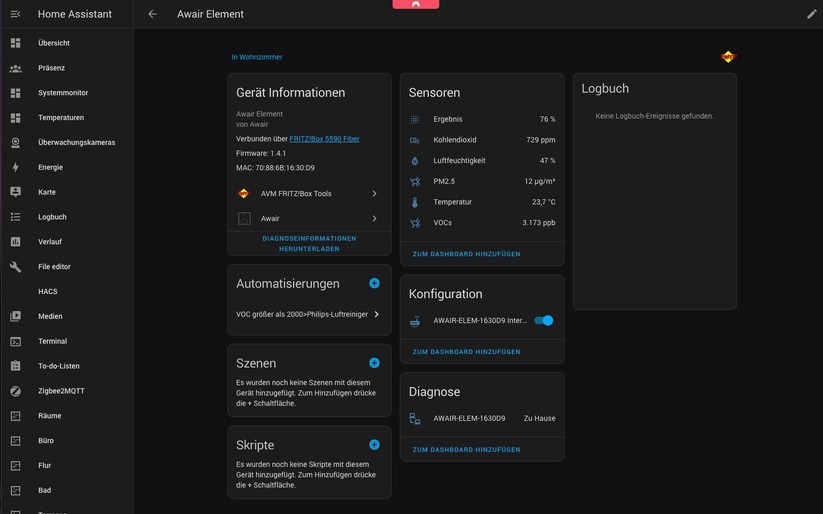Awair Element: Geräteeinstellungen unter Home Assistant