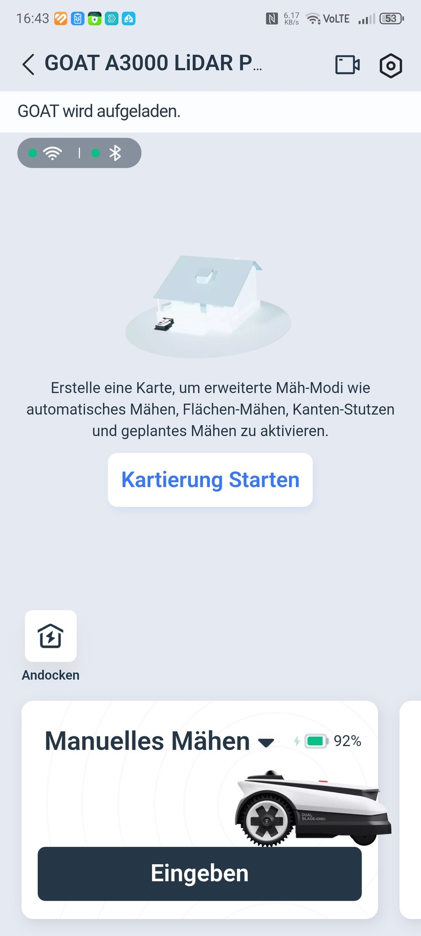 Der Ecovacs Goat A3000 LiDAR bietet eine automatische Kartierung, die allerdings nur funktioniert, wenn die Rasenfläche klar abgegrenzt ist. In unserem Test-Garten mit offenen Übergängen kartieren wir manuell. Die Methode liefert in jedem Fall die präziseren Ergebnisse.