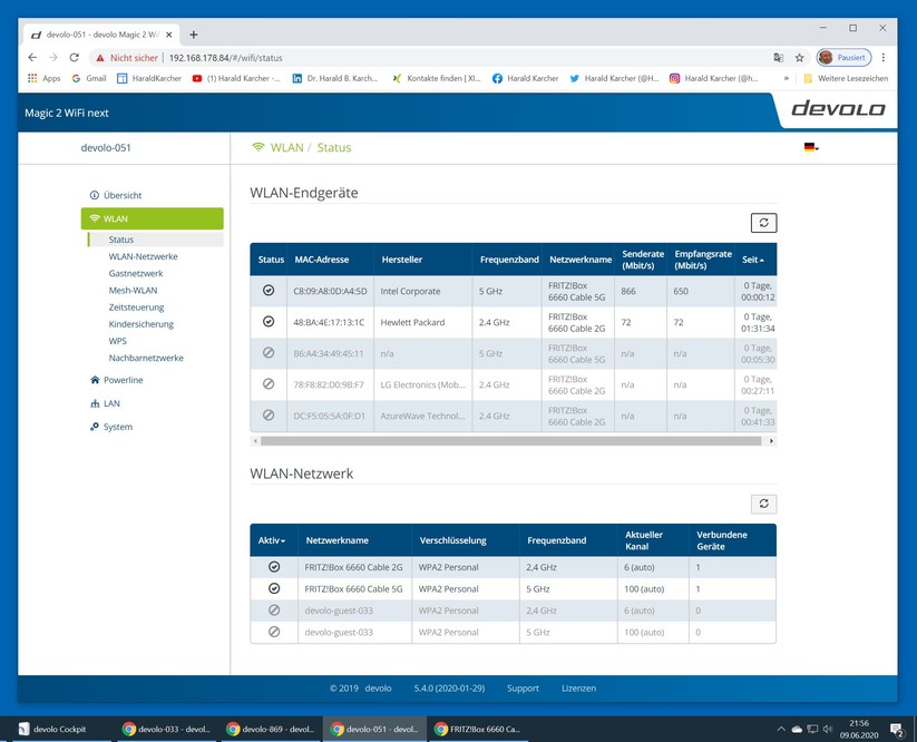 Hier hat sich unser Laptop mit seinem Intel AX201 Wifi-6-Funkmodul ganz oben bei 5 GHz in den Devolo Magic 2 WiFi next Adapter eingebucht. Darunter der langsame HP-Drucker im überfüllten 2,4 GHz Band (Bild: Harald Karcher).