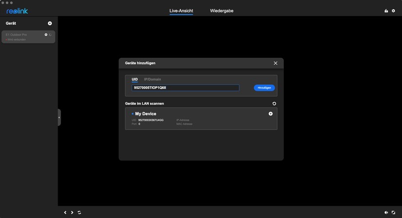 Reolink CX410: Wenn man von unterwegs per Desktop-App auf die Kamera zugreifen möchte, kann man sie per UID integrieren.