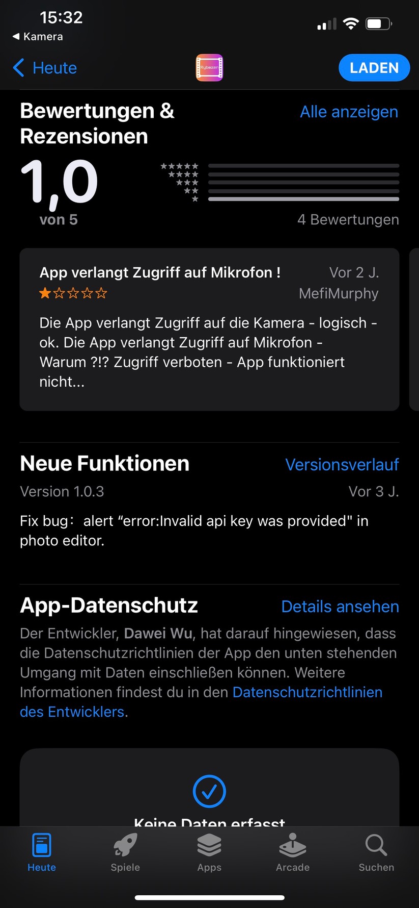 Geht es mit der zugehörigen Hersteller-App vielleicht besser als mit der Handy-Kamera-Software? Die Bewertungen im App Store versprechen nichts Gutes.