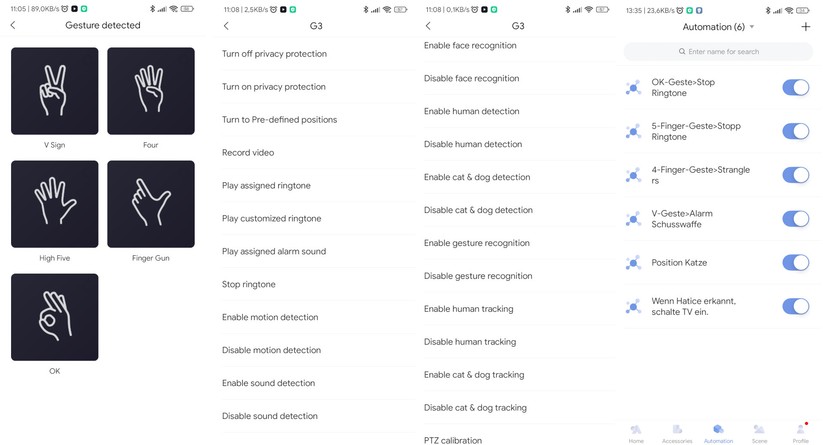Aqara G3: Die Steuerung per Gesten – fünf Stück stehen zur Auswahl –  ist eine der coolsten Funktionen der G3. Anhand erkannter Gesten können Anwender Automatisierungen erstellen. Hierfür stehen zahlreiche Aktionen zur Auswahl, wie zum Beispiel das Abspielen einer bestimmten Sounddatei.  
