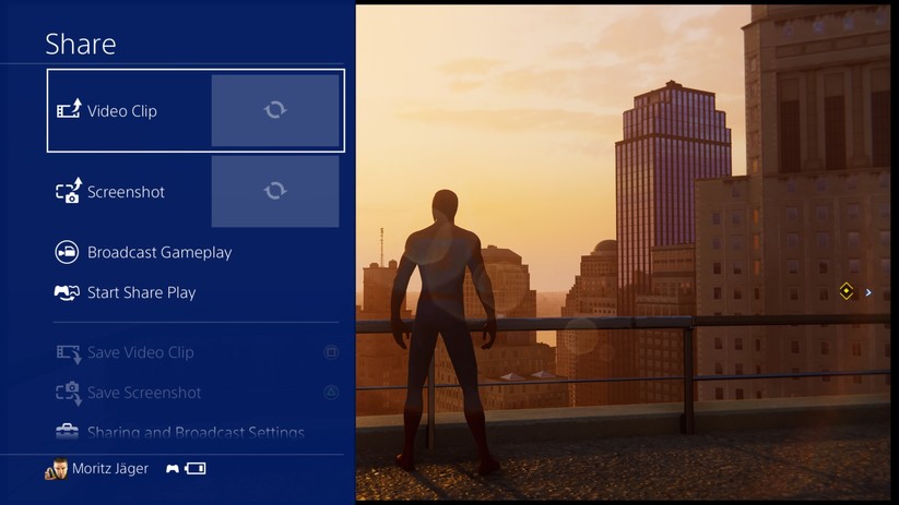 Spider-Man sieht einfach toll aus auf der PS 4 Pro. Links im Bild ist die Sharing-Funktion. 