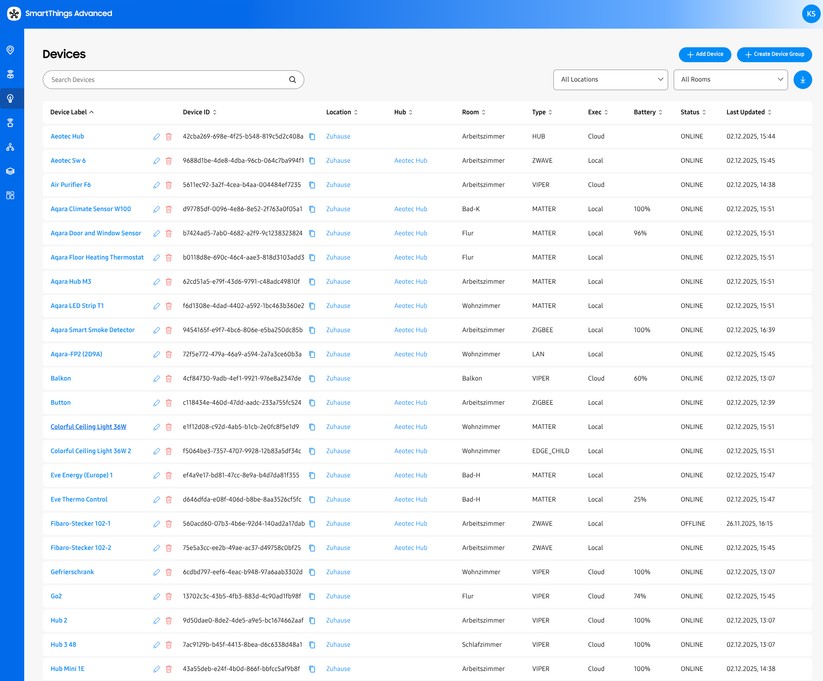 Unter https://my.smartthings.com/ erhalten Anwender interessante Einblicke in das Smartthings-System. Dort werden etwa die installierten Geräte aufgelistet, samt relevanten Betriebsdaten und ob die Ausführung lokal oder per Cloud unterstützt wird.  