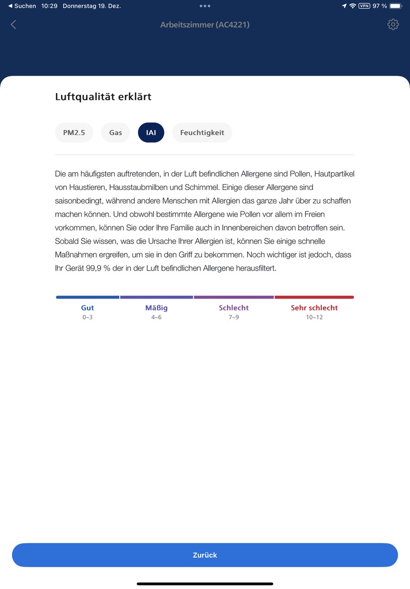 Mit der App Air+ können Anwender den Philips-Lufteiniger nicht nur einfach steuern und Zeitpläne anlegen. Sie bietet auch Informationen zur Funktionsweise des Geräts und zur Luftqualität. Außerdem integriert sie das Benutzerhandbuch und erläutert die Vorgehensweise für Reinigung und Austausch der Filter. 