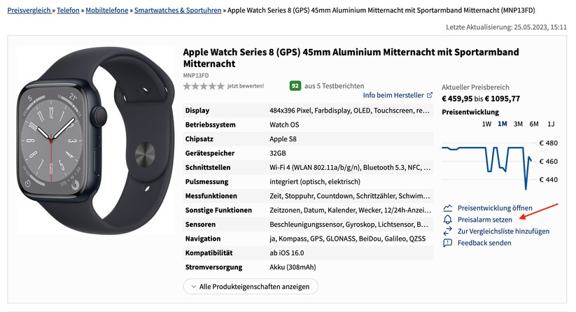 Im Preisvergleich findet sich rechts unterhalb des Preisverlaufs-Graphen ein Link, um den Preisalarm zu aktivieren.