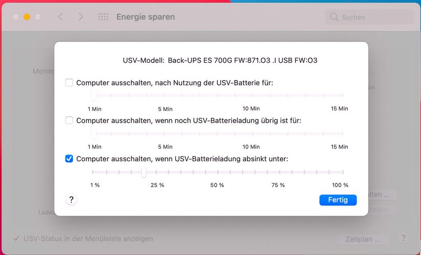 Die USB-Verbindung der USV-Anlage übermittelt einem angeschlossenen PC oder Mac den Ladezustand. Hier lässt sich das Verhalten des Rechners konfigurieren.
