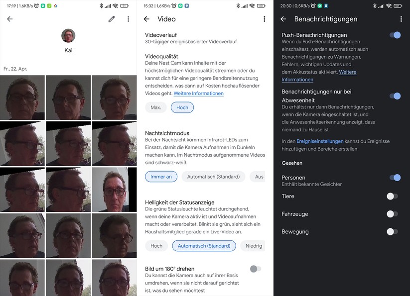 Google Nest Cam bietet eine Gesichtswiedererkennung, die je mehr sie Gesichter aus unterschiedlichen Perspektiven erfasst, desto zuverlässiger arbeitet. Benachrichtigungen über die Erfassung von bekannten Gesichtern lassen sich leider nicht abstellen.