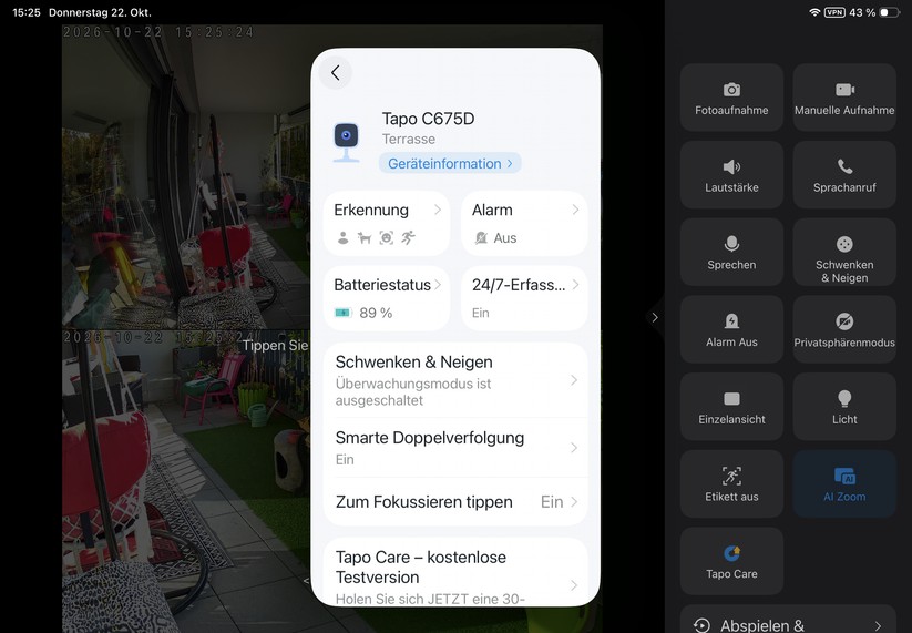 Die Tapo-App ist auch für Tablets optimiert. Sie reagiert zügig und stellt den Kamerastream nahezu verzögerungsfrei dar.