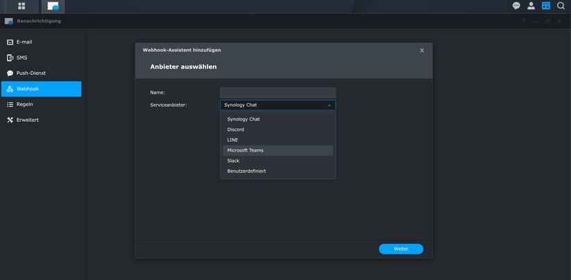 Synology CC400W: Benachrichtigungen sind über verschiedene Wege wie E-Mail, Push, Webhooks und SMS möglich.