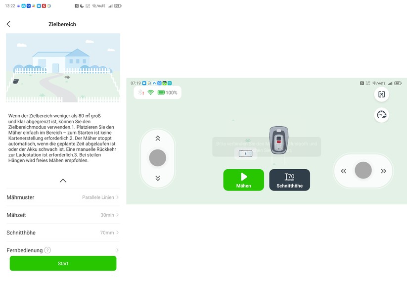 Roboup Raccoon 2 SE: Unter der Option Zielbereich soll der Mäher Bereiche bis zu 80 m² auch in parallelen Bahnen mähen. Das funktioniert aber nur so lange, bis kein Hindernis im Weg steht.