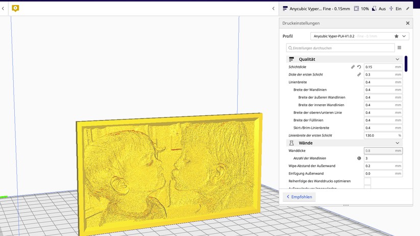 Für den Test benutzen wir eine Schichtdicke von 0,14 mm. Der Rest der Einstellungen entspricht den Voreinstellungen vom Standard-Druckerprofil.