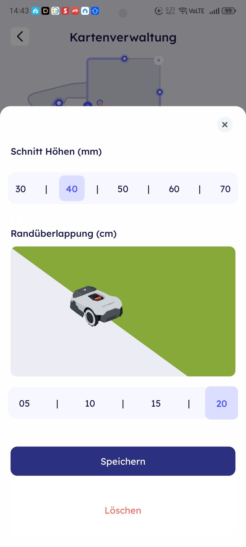 Anthbot Genie 3000: Der Rasenrand lässt sich aufteilen, sodass man das Randmähen für unterschiedliche Situationen (Begrenzung, offen) optimieren kann. Bei einer festen Rasenbegrenzung bleibt bauartbedingt 12 cm Rasen ungemäht. So groß ist der Abstand von Mähteller bis zum Gehäuserand. 