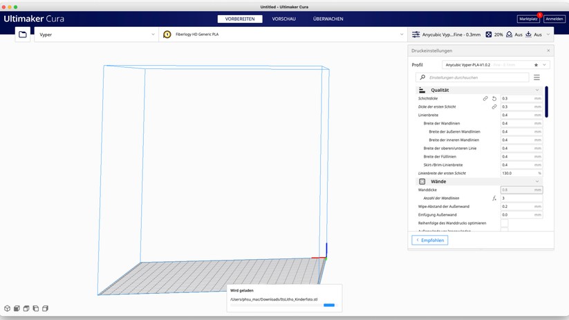 Zunächst wird die mit ItsLitho erstellte STL-Datei in Cura geladen.