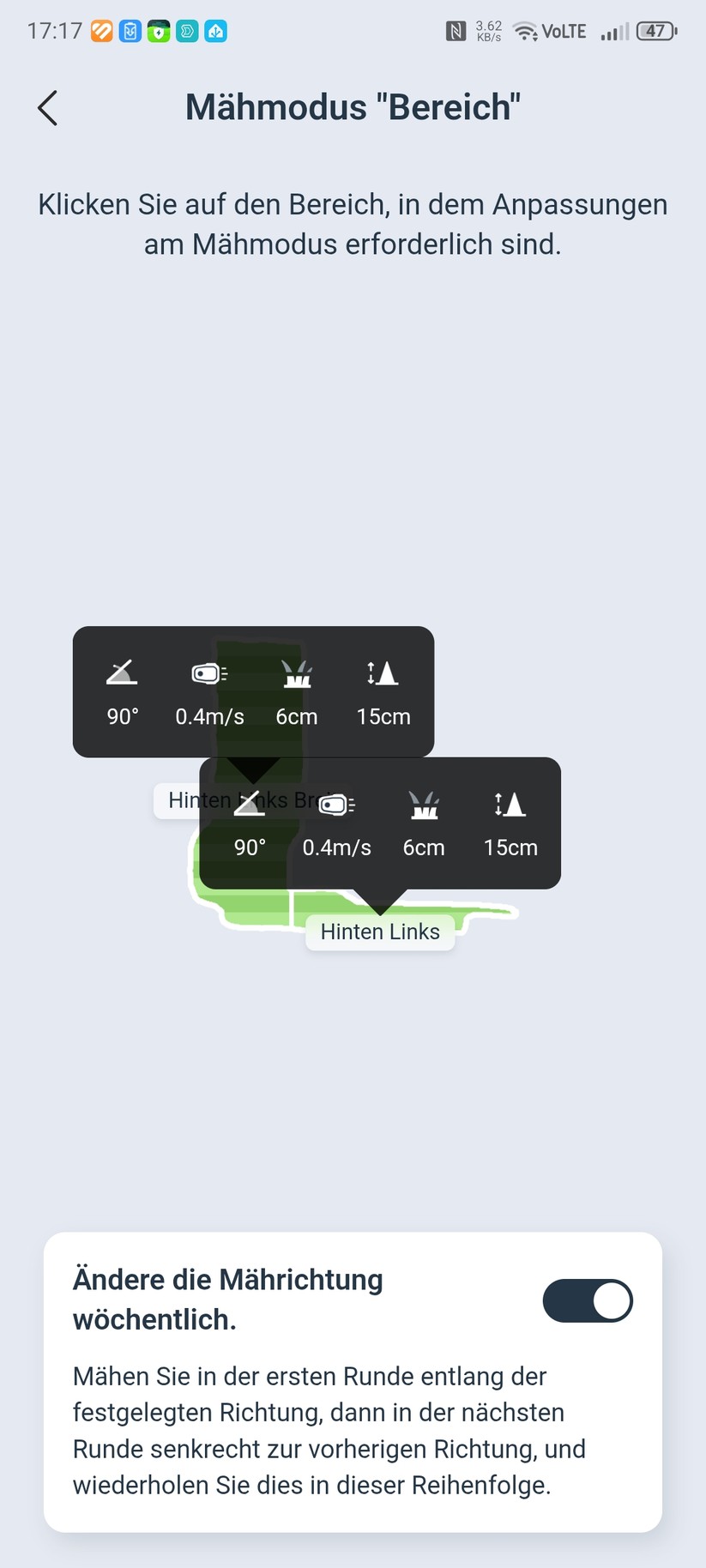 Die App erlaubt die Konfiguration alle relevanten Mähparameter pro Zone. 