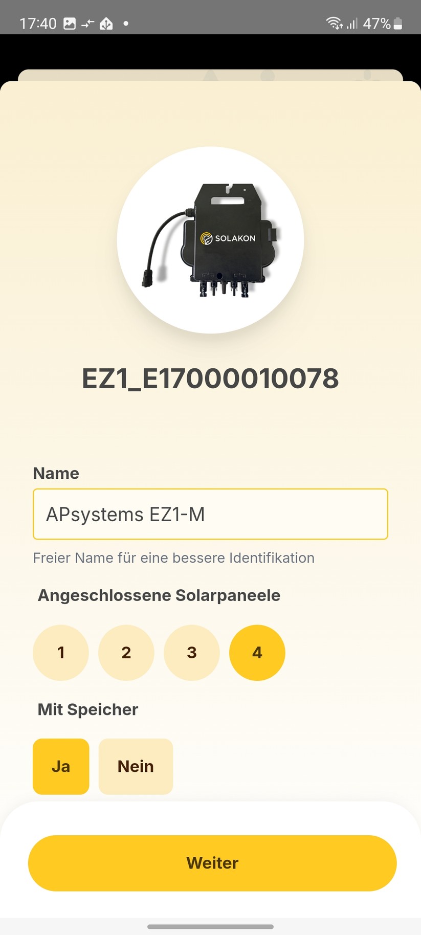 Solakon-App zur Einrichtung des APsystems-Wechselrichter EZ1-M