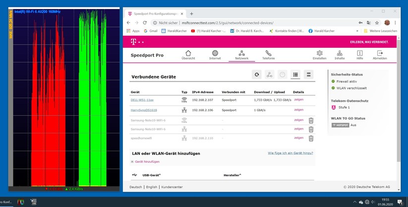 5 GHz Band: Wifi-6-PC von Dell mit 2400 MBit/s Brutto an Wifi-5-Router Telekom Speedport Pro mit 8600 MBit/s Brutto: Keine 1000 MBit/s bei unter 1 Meter Entfernung (Bild: Harald Karcher) 