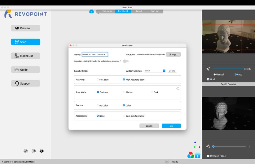 Revo Scan: Parameter-Settings vor dem Scan