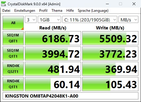 Minisforum MS-S1 Max: Die verbaute SSD von Kingston liefert gute Performancewerte, gehört aber nicht zu den schnellsten SSDs.