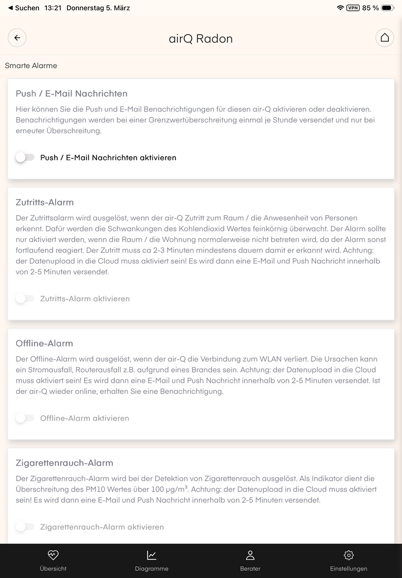 Die Air-Q-App überzeugt nicht nur mit einer übersichtlichen Darstellung der gemessenen Sensorwerte, sondern auch mit detaillierten Erläuterungen. 