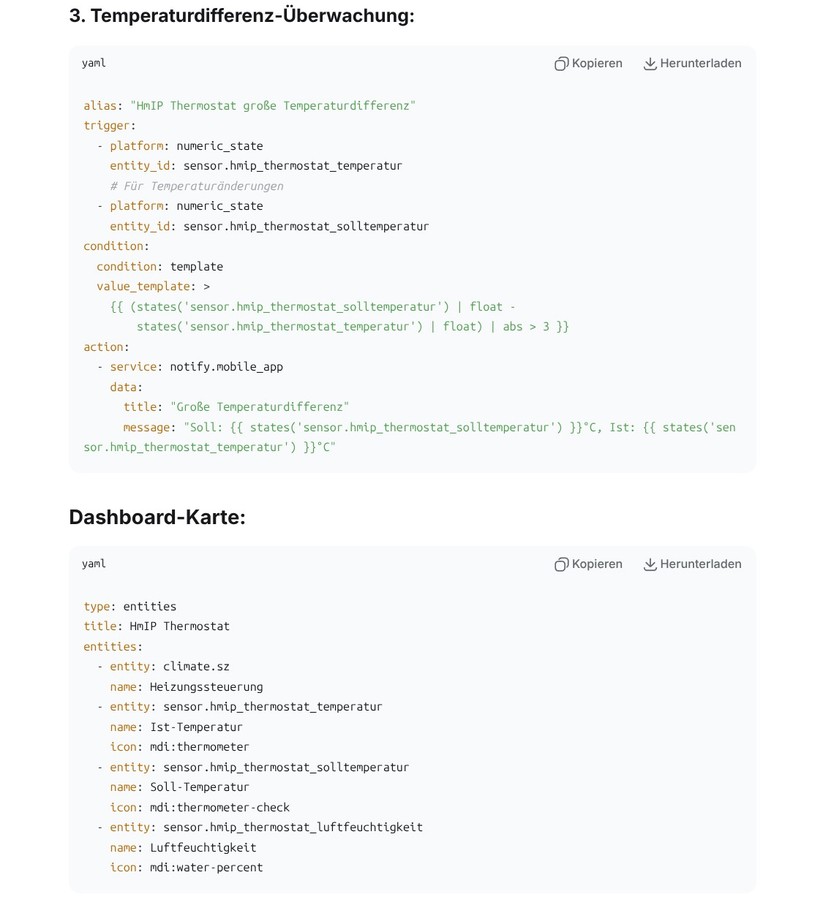 Eine Integration des Homematic IP Glas-Wandthermostats in Home Assistant ist möglich, bietet allerdings nicht sehr viele Funktionen, sodass manuelle Anpassungen nötig sind. Dank KI-Tools hält sich der Aufwand dafür allerdings in Grenzen.