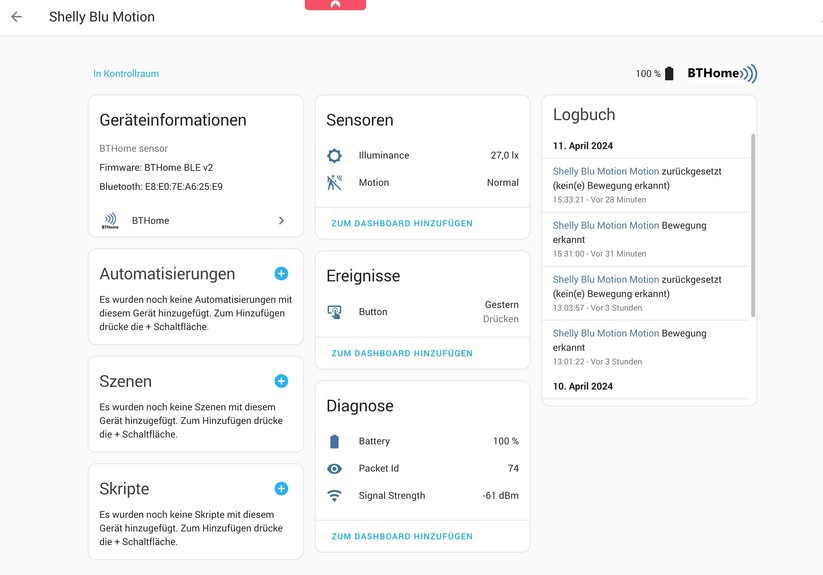 Shelly Blu Motion: Ein lokaler Betrieb unter Home Assistant wird über die BT-Home-Integration  ermöglicht.
