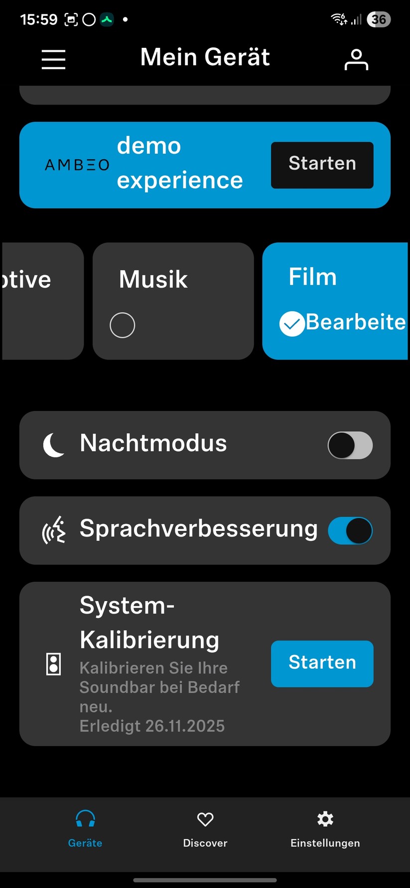 Die Smart Control-App bietet für die Bedienung die meisten Optionen, außerdem führt sie Schritt für Schritt durch die Einrichtung. Sie bietet Firmware-Updates, Quellenwahl, Equalizer-Einstellungen, Pegel und die Intensität des Ambeo-Modus. Besonders wichtig: Hier finden Nutzer die für den optimalen Sound wichtige automatische Raumkalibrierung.