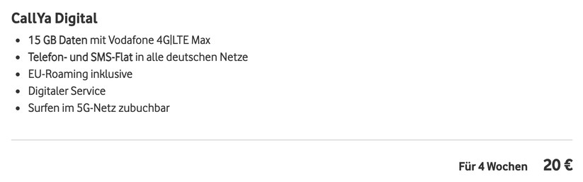 Beim Prepaid-Tarif CallYa Digital hat Vodafone sein Inklusivdatenvolumen von 10 auf 15 GByte aufgestockt.
