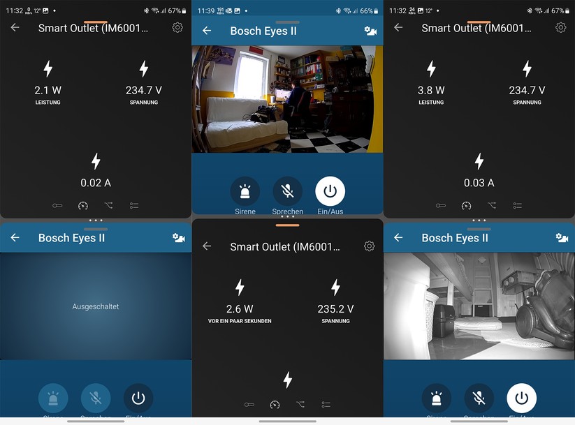 Bosch Eyes Innenkamera II: Leistungsaufnahme im Standby bei ausgeschalteter Kamera, im Betrieb bei Tageslicht und in dunklen Umgebunden.