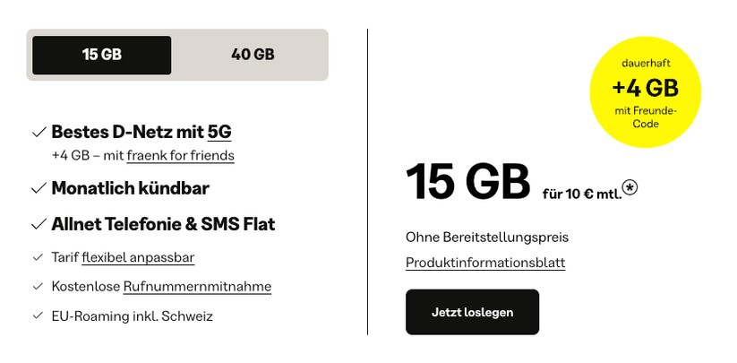 Das aktuelle Tarifangebot von Telekom-Tochter Fraenk.