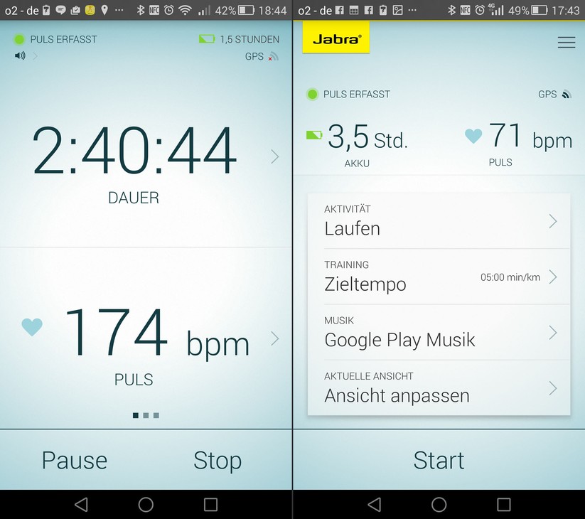 Der linke Screenshot zeigt, wie die App während des Trainings aussieht. Welche Informationen hier dargestellt werden, lässt sich anpassen. Auf dem rechten Screenshot ist die Konfigurationsübersicht des gleich zu startenden Workouts zu sehen.