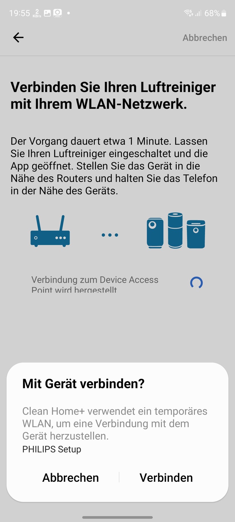 Philips AC3033/10: App, Einrichtung, Einstellungen