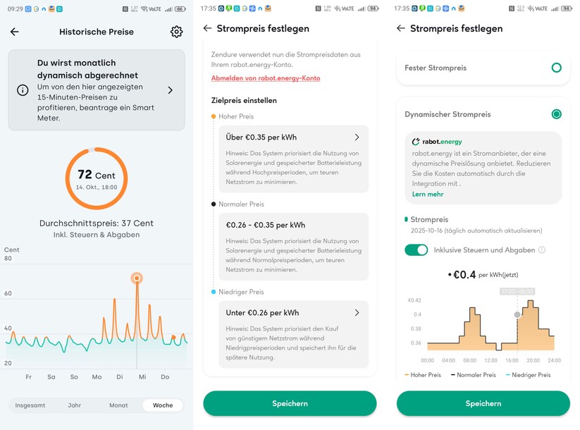 Apps von Stromspeicherherstellern wie Zendure haben dynamische Stromtarife integriert und unterstützen das automatische Laden des Akkus aus dem Stromnetz, wenn nicht genügend PV-Leistung zur Verfügung steht. Bei einem Preisunterschied von deutlich mehr als 20 Prozent profitieren Anwender davon, indem sie den Speicher zum günstigsten Tarif laden und bei hohen Preisen entladen. Allerdings gibt es auch Tage, an denen der Preisunterschied zwischen hohem und niedrigem Tarif nicht so hoch ausfällt, sodass sie das Laden per Netzstrom wegen Umwandlungsverlusten nicht lohnt.