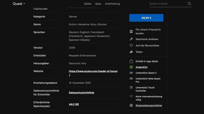 Quest-Nutzer können die Größe jeder App im Vorfeld über den auch via Browser ansteuerbaren Store recherchieren. Medal of Honor: Above and Beyond ist mit 44 GB das derzeit größte Standalone-Spiel. (Meta)