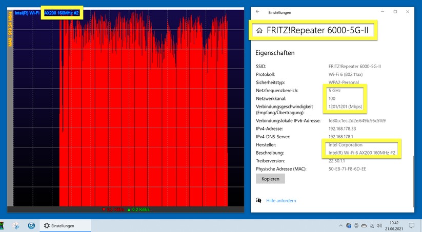Fritz Repeater 6000 Leistungsmessung: Auf dem DELL-11ax-WS2-Rechner kamen weitere 50 GigaByte via 5G-II mit Peaks bis zu 919 Mbps herunter (Bild: Harald Karcher).