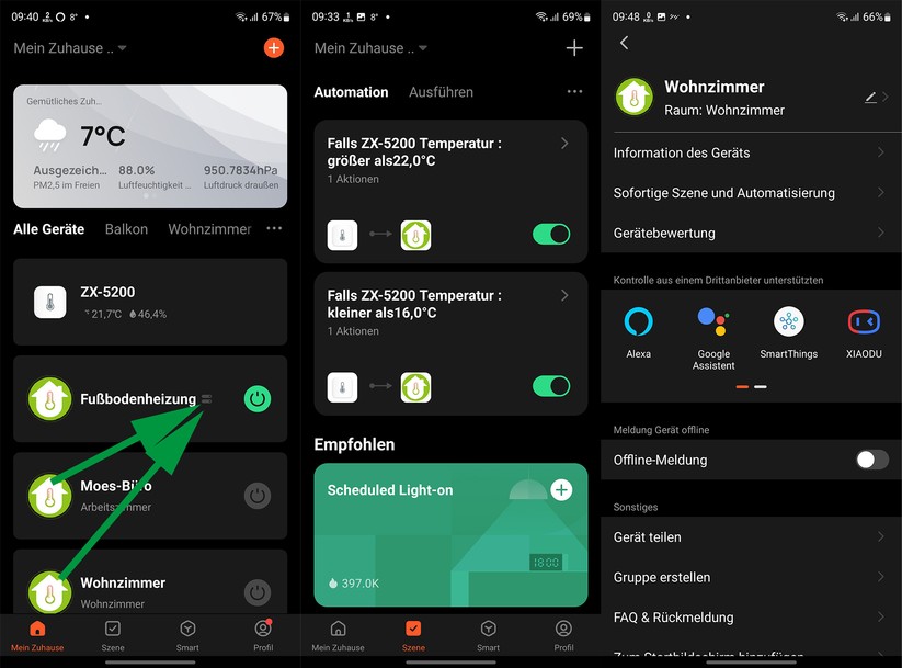 Für das Moes-Thermostat können Anwender über die App Tuya Smart Automatisierungen erstellen. Über 22 °C schaltet die Heizung ab und unter 16 °C wird sie eingeschaltet. Wer mehrere Thermostate im Einsatz hat, kann diese gruppieren und so alle Thermostate auf einmal ansteuern.  