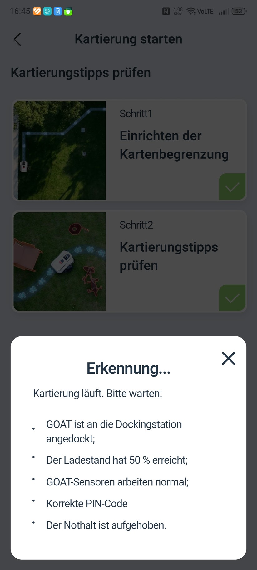 Der Ecovacs Goat A3000 LiDAR bietet eine automatische Kartierung, die allerdings nur funktioniert, wenn die Rasenfläche klar abgegrenzt ist. In unserem Test-Garten mit offenen Übergängen kartieren wir manuell. Die Methode liefert in jedem Fall die präziseren Ergebnisse.