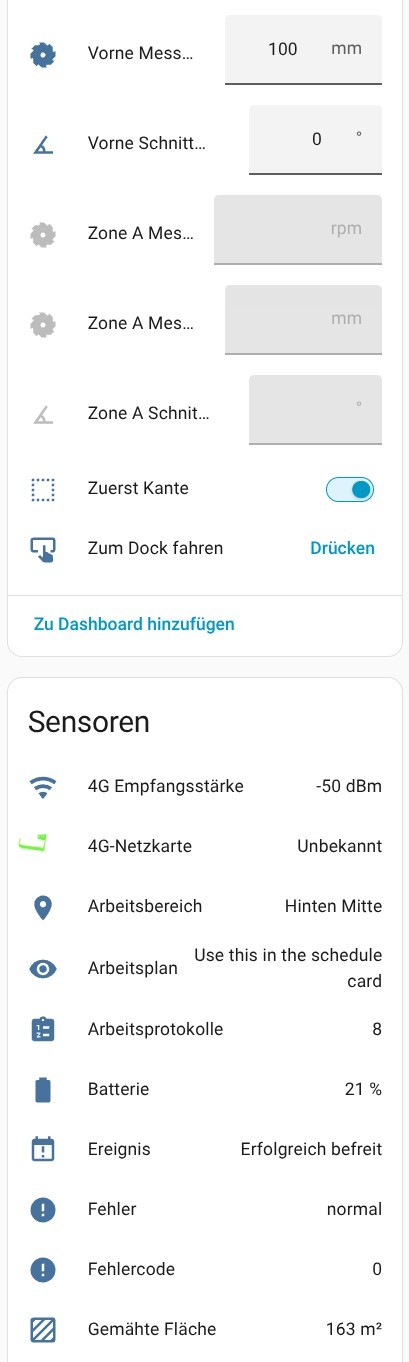 Die Community-Integration für Home Assistant informiert detailliert über die Betriebsparameter, inklusive Real-Time-Karten, Mähfortschritt, Akkuverbrauch et cetera.