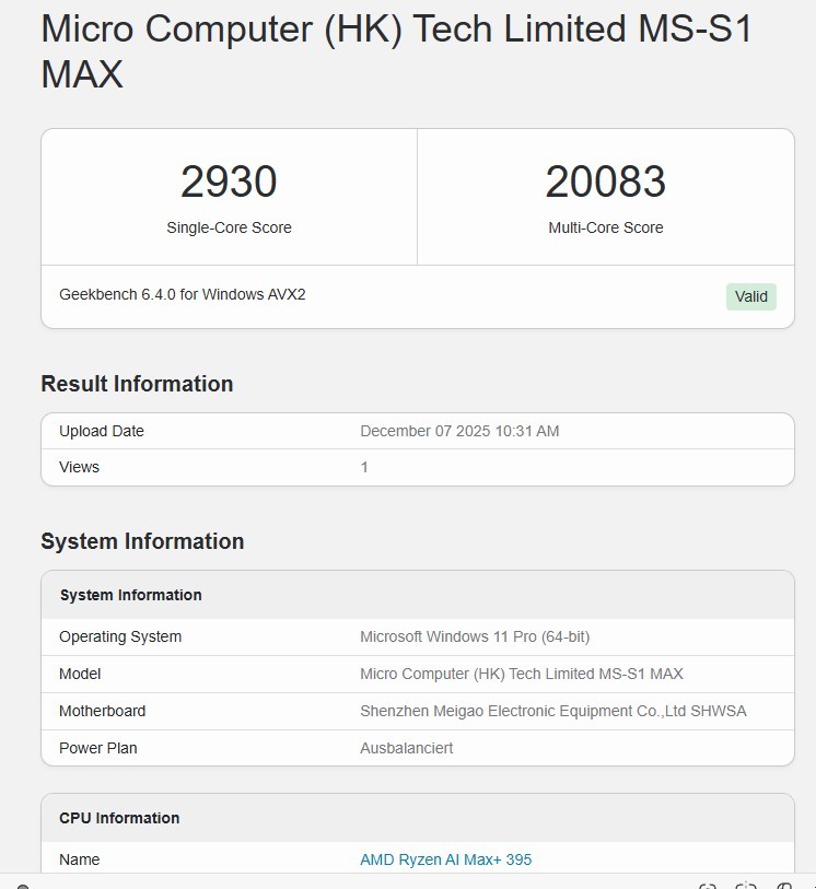 Minisforum MS-S1 Max: Geekbench 6.5