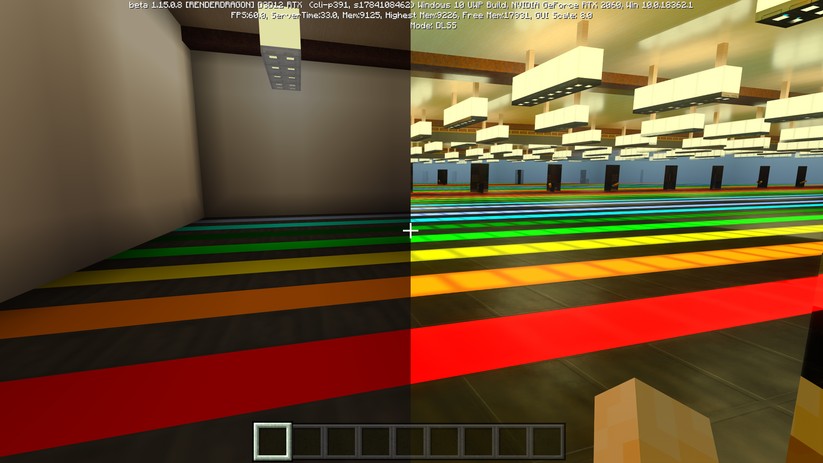 Raytracing in Aktion: Links ein Raum der Minecraft-RTX-Beta ohne Raytracing, rechts mit aktivierter RTX-Funktion. Nicht nur ist der Raum heller, die Wände verwandeln sich zudem in Spiegel. 