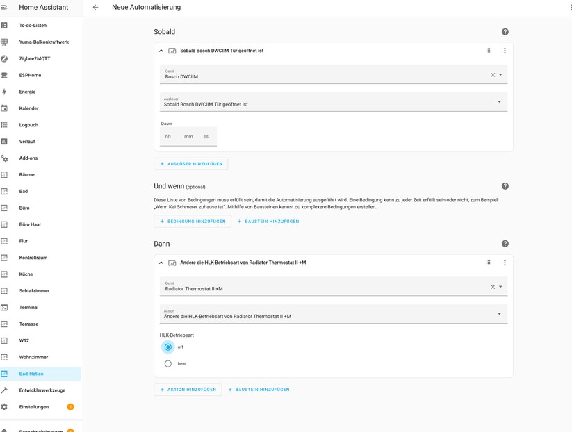 Dank Matter-Unterstützung lassen sich das Bosch-Heizkörperthermostat und der Tür-Fenster-Sensor direkt in Home Assistant einbinden. Die Heizpläne lassen sich mit Automatisierungen abbilden.