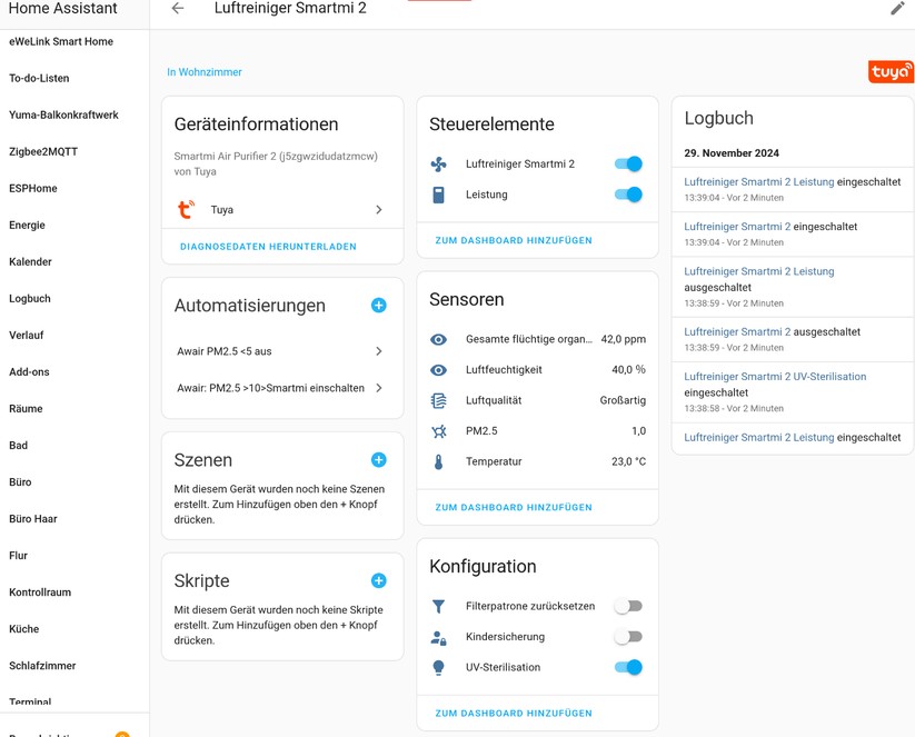 Die Smartmi-Luftreiniger können auch mit der Tuya-App verbunden werden. Darüber gelingt auch eine Integration in Home Assistant. Über Homekit kann das Gerät auch in Home Assistant hinzugefügt werden.